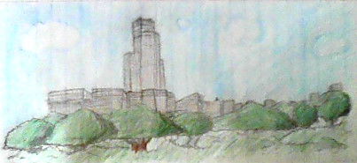 A drawing of a skyscraper with a green park in front of it