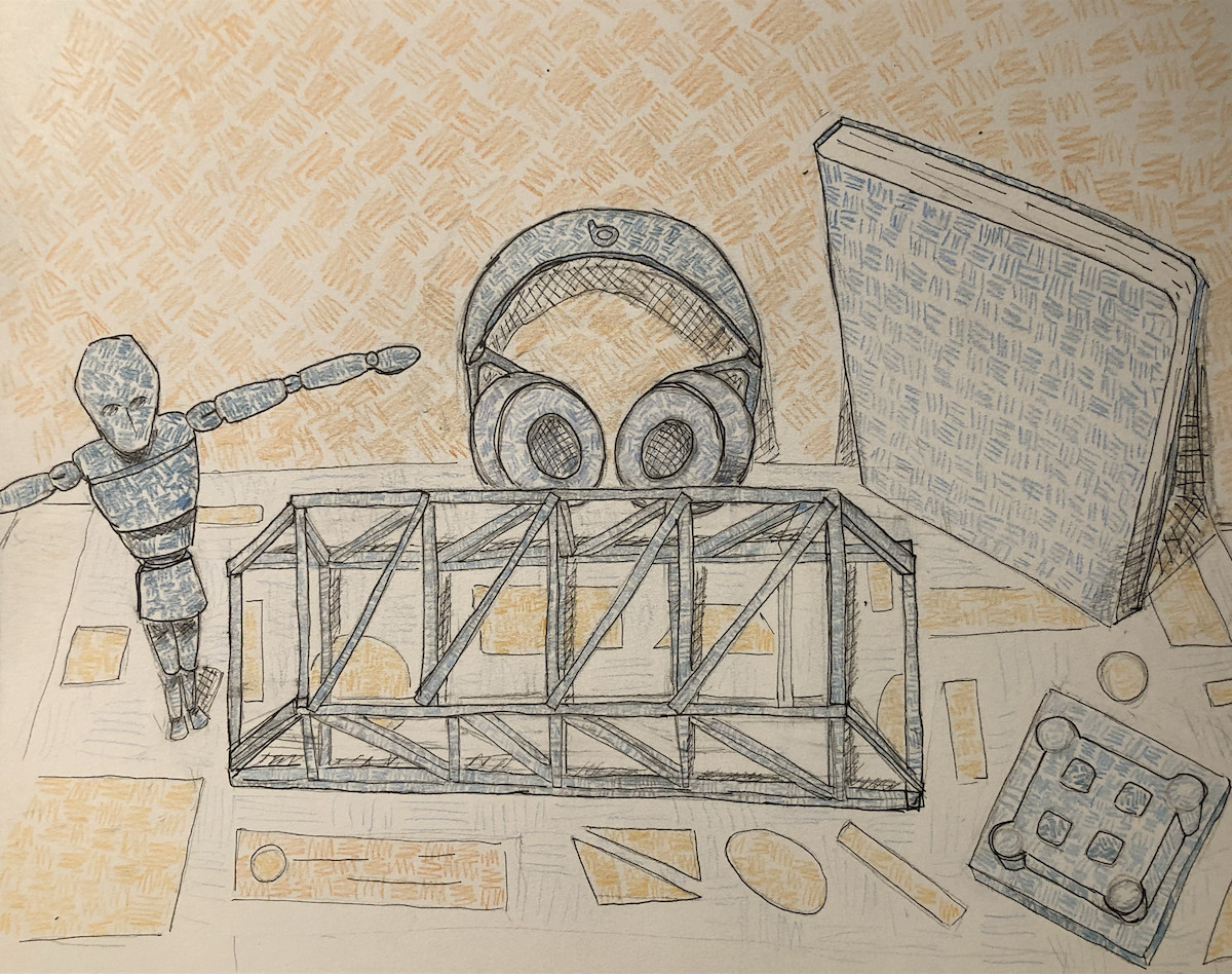 Drawing of art objects on a table, orange and blue