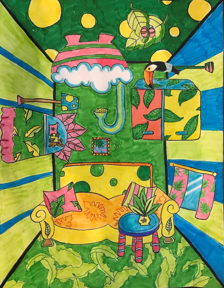 Drawing of room with furniture on all four walls