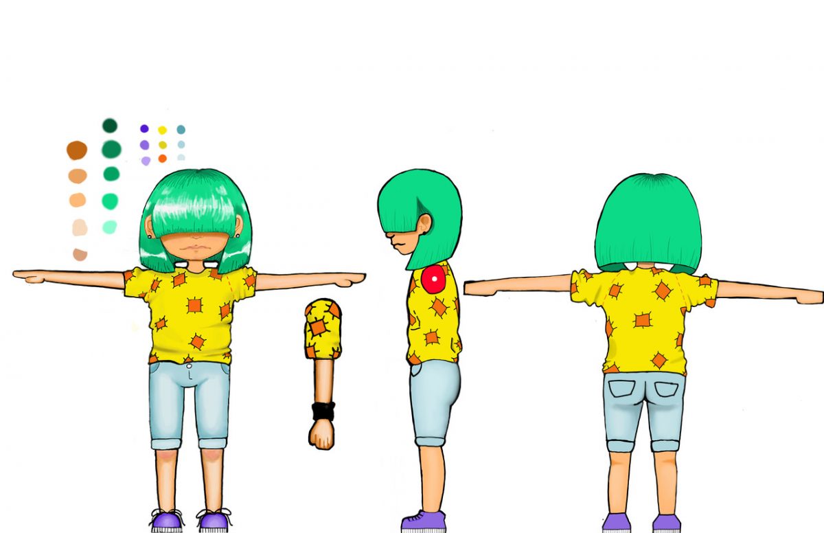 A figure drawing from the front, back, and side of a girl with green hair
