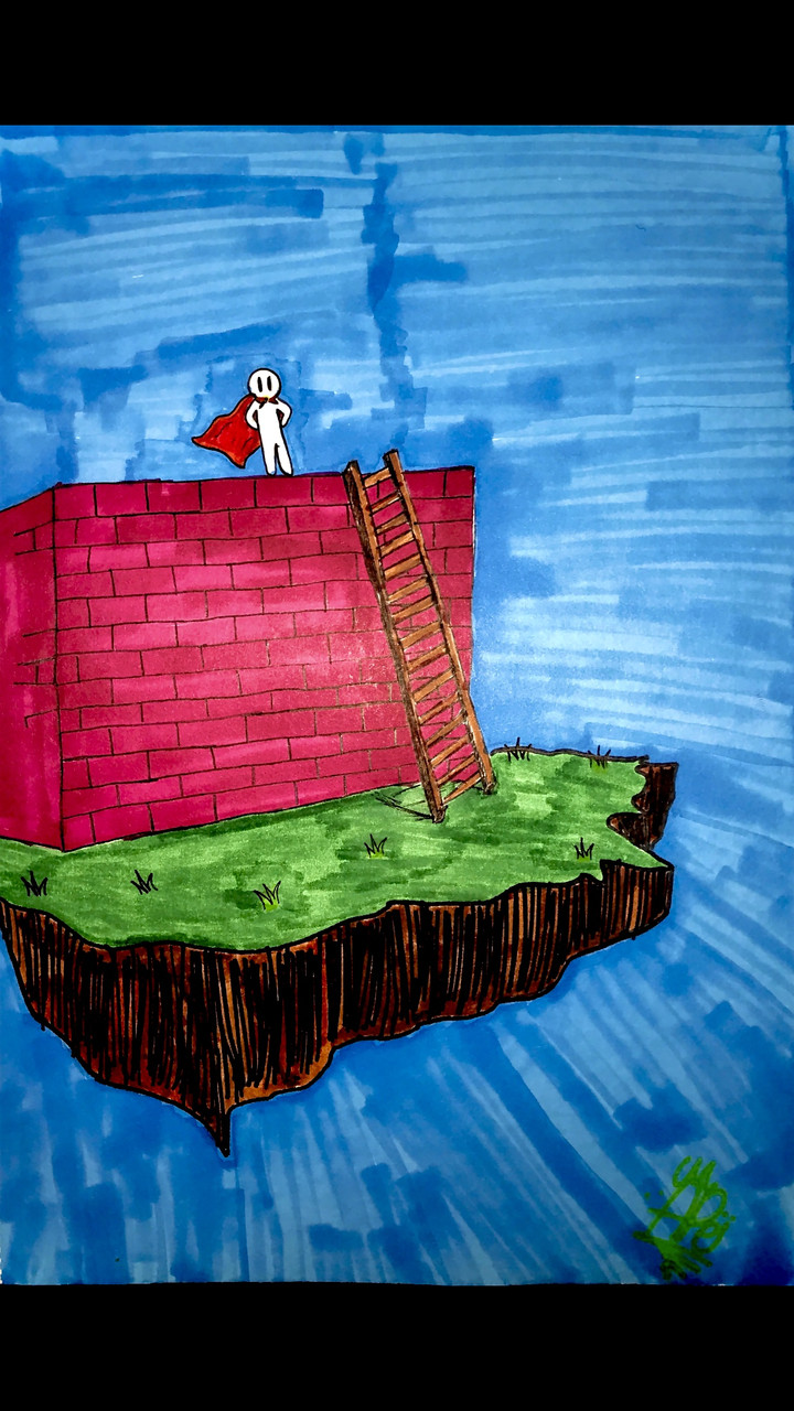 Drawing of a boy standing on top of a brick wall with a ladder on a floating island