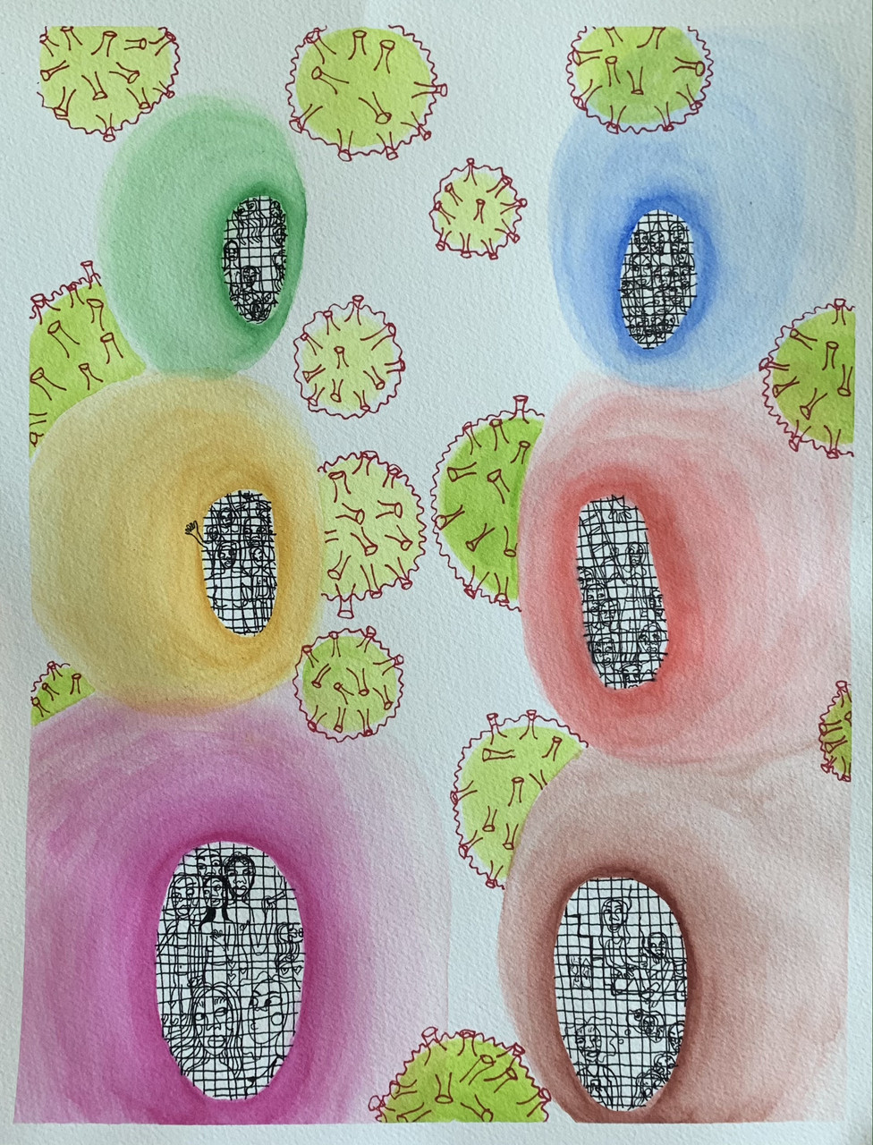 Abstract illustration of people stuck in orbs with viruses in the background