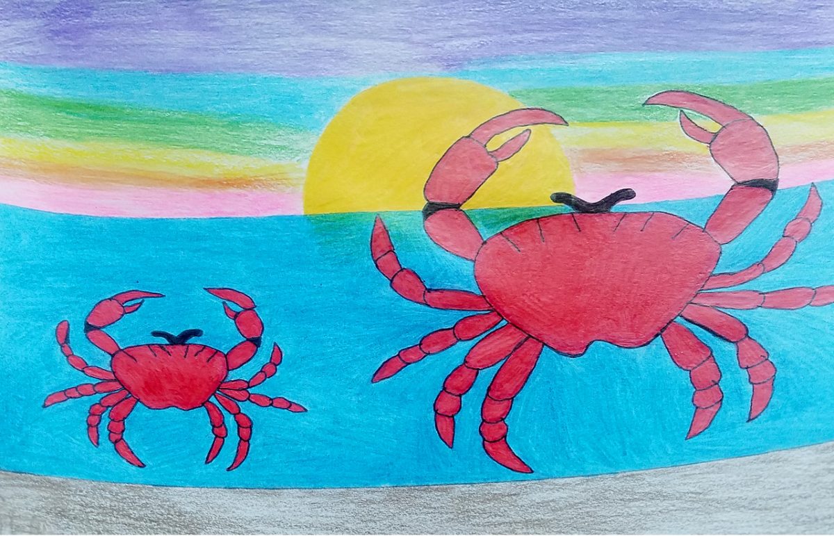 A drawing of two crabs and a sunset