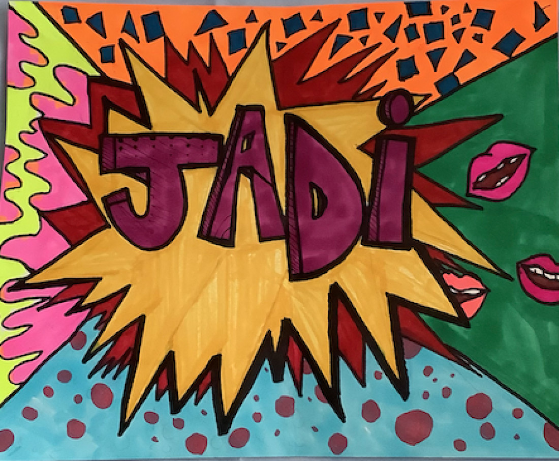 "Jade" drawn inside of pop art shape with patterns behind it