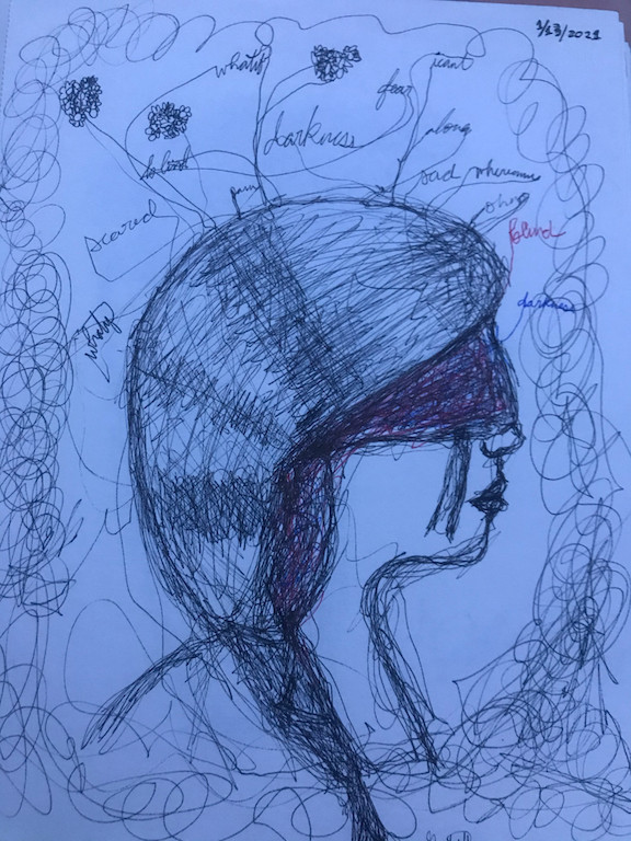 Profile drawing of a girl with a blindfold