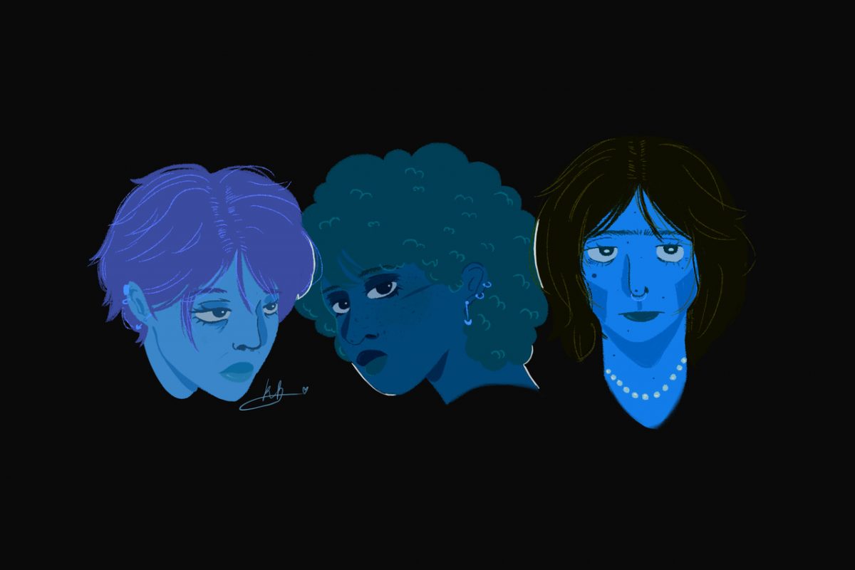 Three blue portraits on a black background