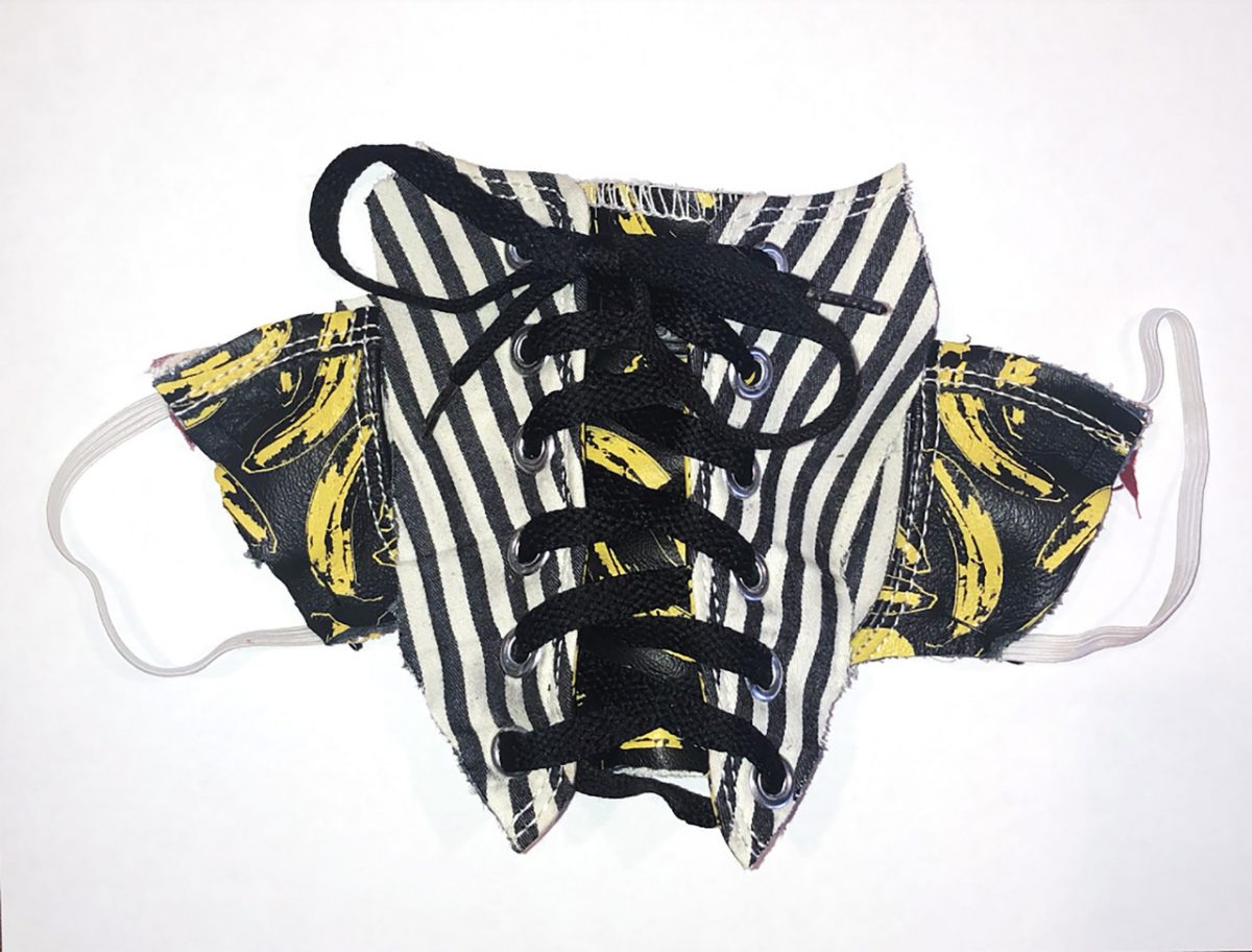 mask made of striped fabric and shoelaces