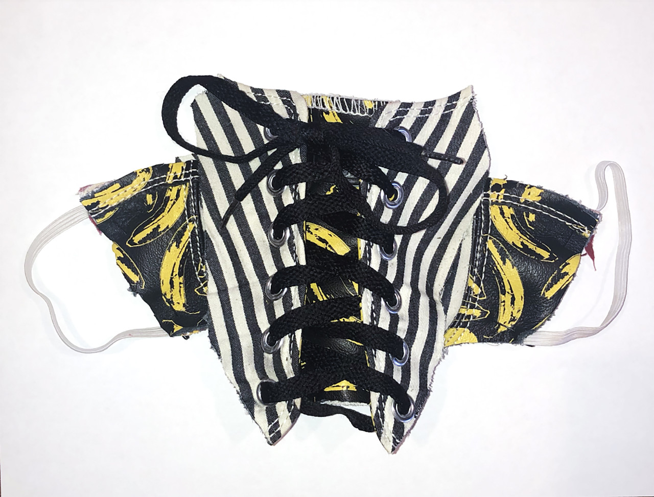 mask made of striped fabric and shoelaces