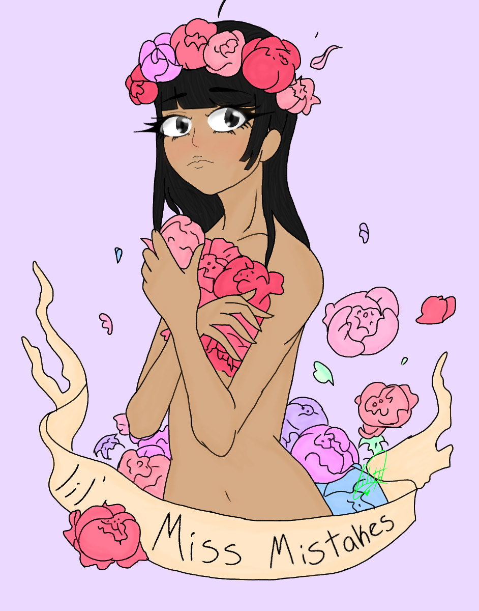 A digital drawing of a girl holding flowers and wearing a flower crown