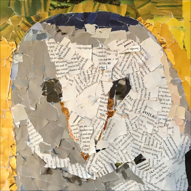 White collage of an owl on a yellow background