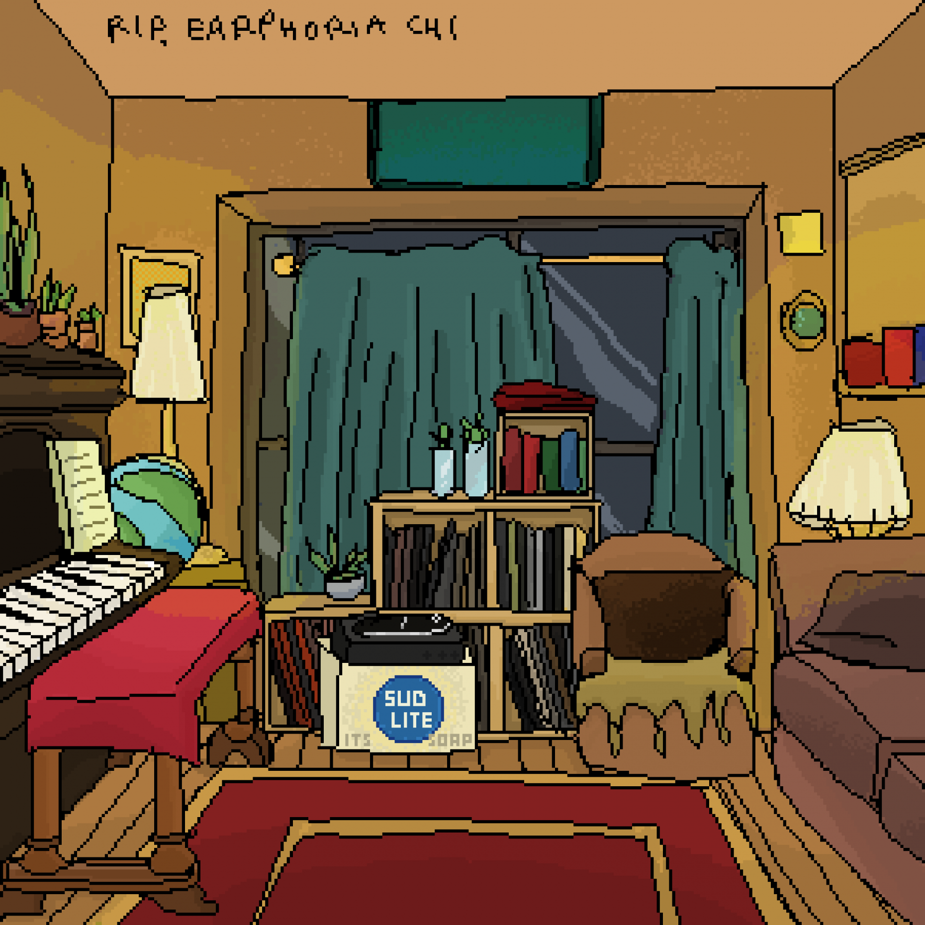 Room with piano, records, and comfy chairs