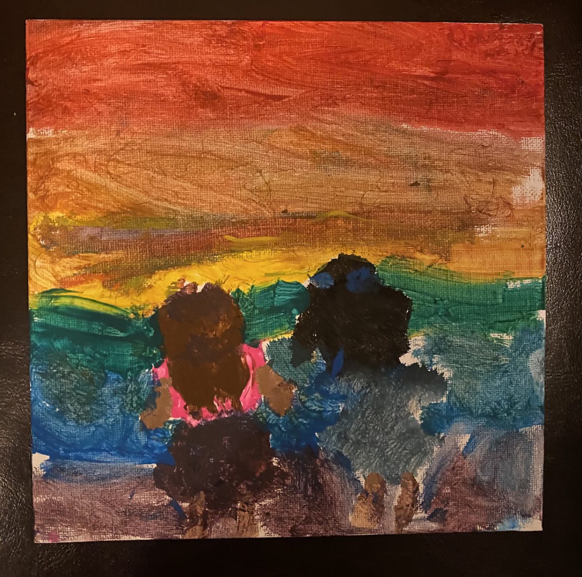 A painting of a rainbow colored sky and two figures look out at the sky