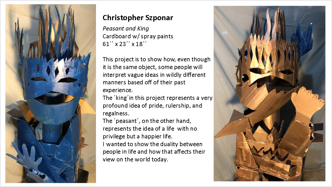 Two cardboard figures, one blue and one gold