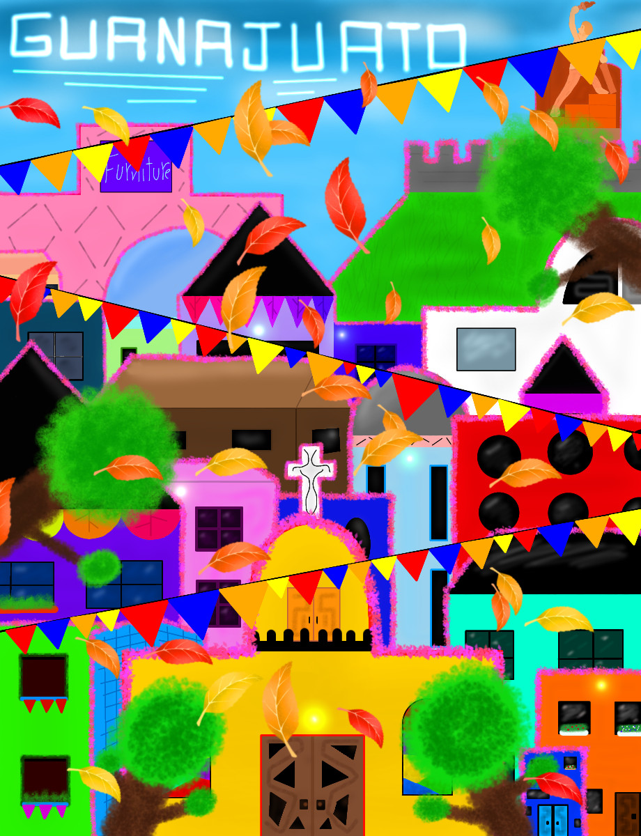 Very colorful digital drawing of a cemetery with papel picado