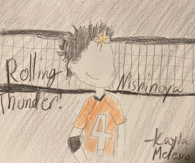 Drawing of a volleyball player wearing an orange jersey
