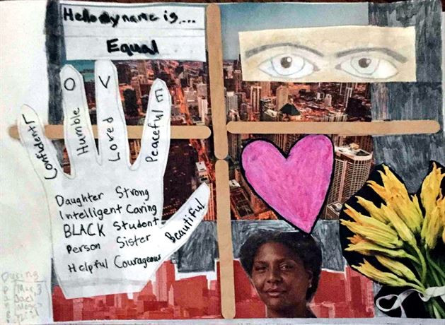 Collage with hand, heart, flowers, and people