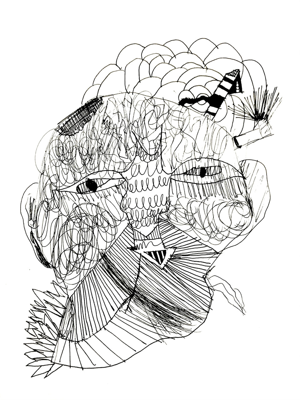 Black and white line drawing of a monster face.