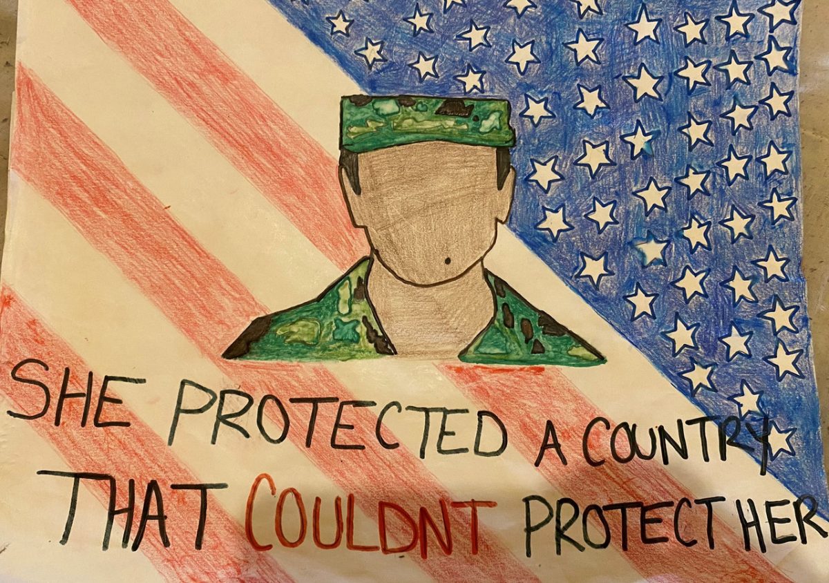 A drawing of a faceless woman in a military uniform with the flag behind her