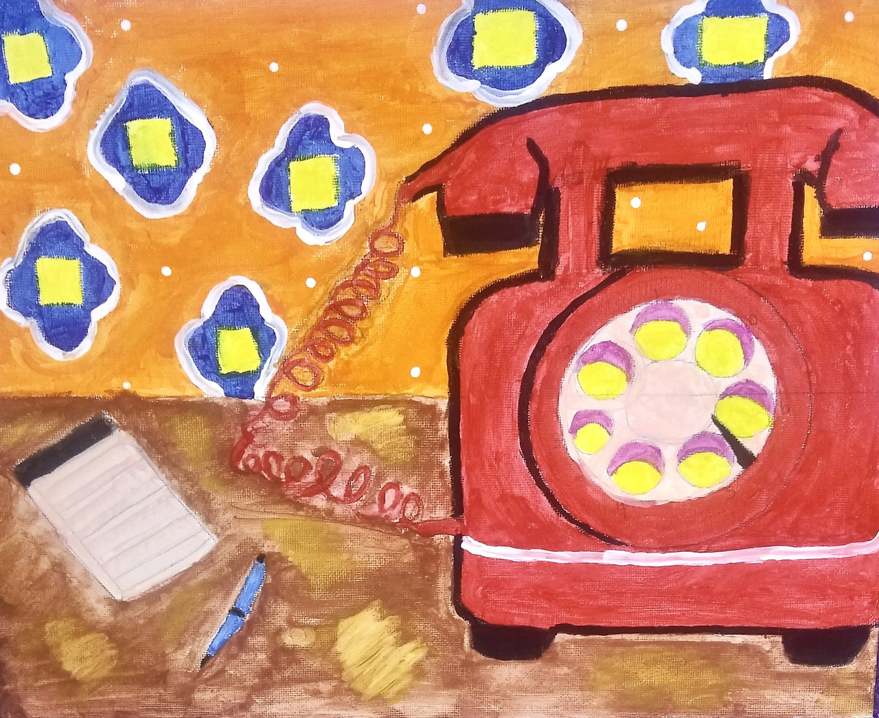 A painting of a red telephone with a notepad next to it and an orange and blue background