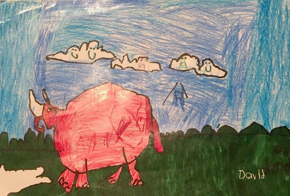 A drawing of a big pink dinosaur on green grass