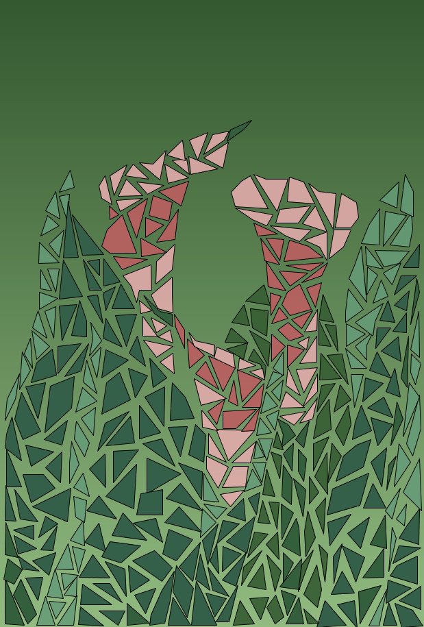 A digital mosaic of 3 pink flowers and leaves