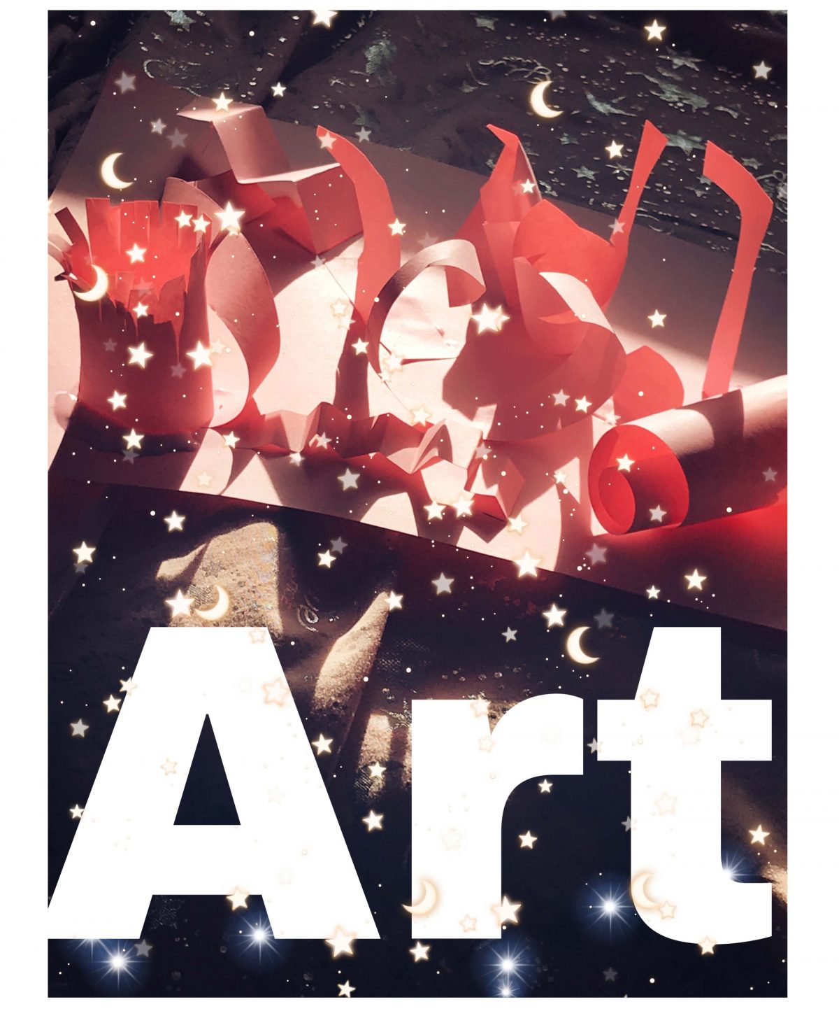 Digital collage of abstract background with large "Art" in white on top