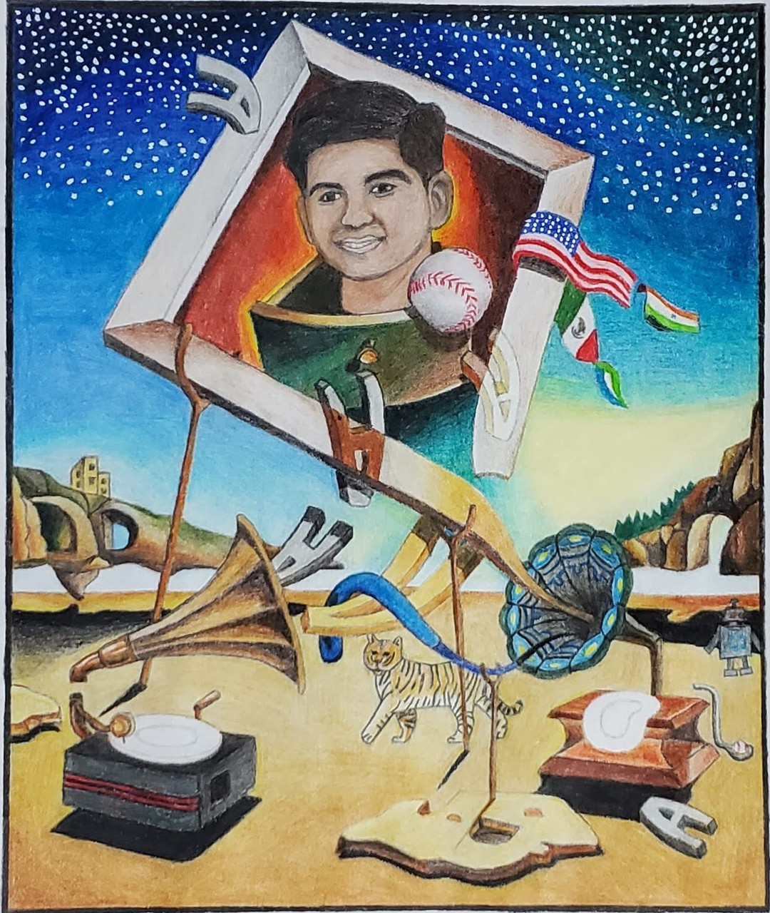 Drawing of a boy's face in a frame surrounded by gramophones and other objects