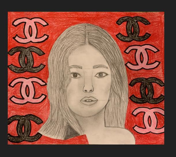 Pencil drawing of a girl's face. Red background with Chanel logos
