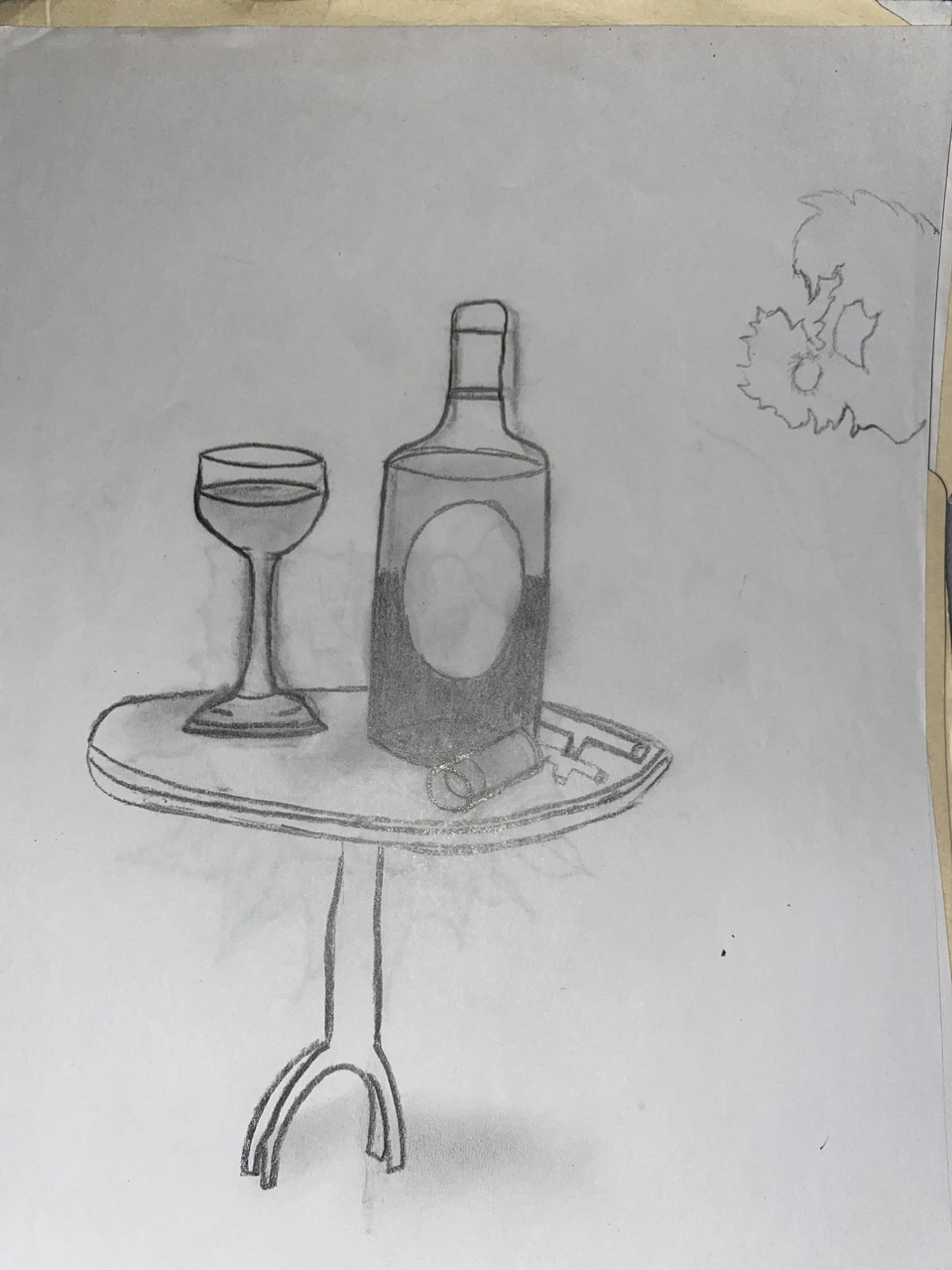 Drawing of a wine bottle and glass on a table