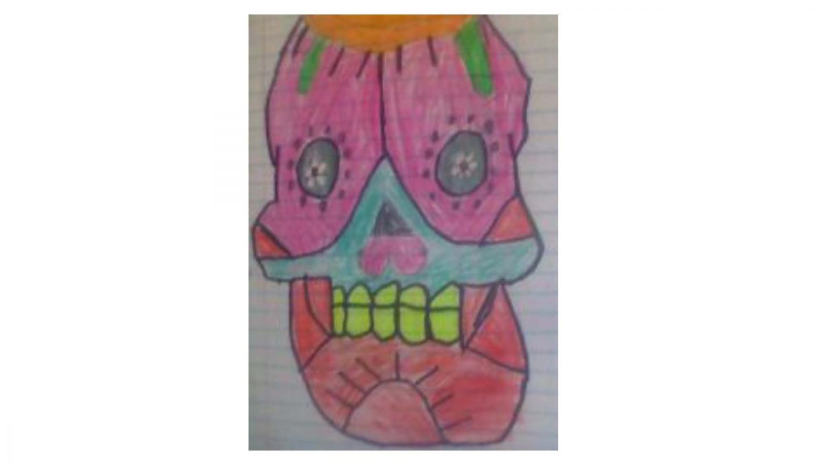 drawing of sugar skull with pinks, reds, and yellow teeth