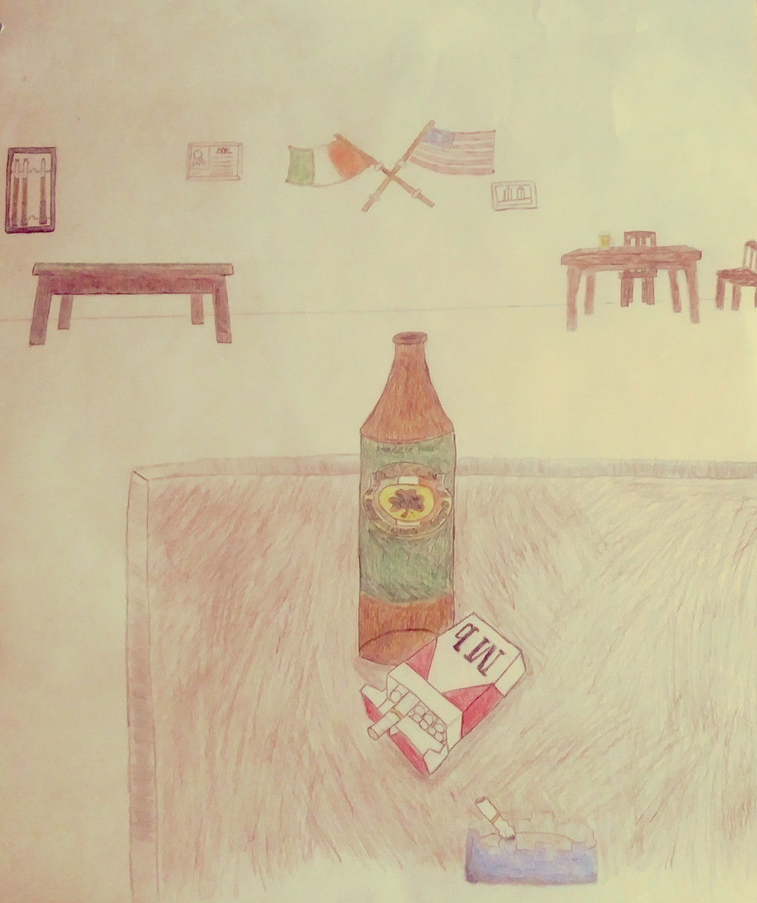 Drawing of a table with a beer and package of cigarettes