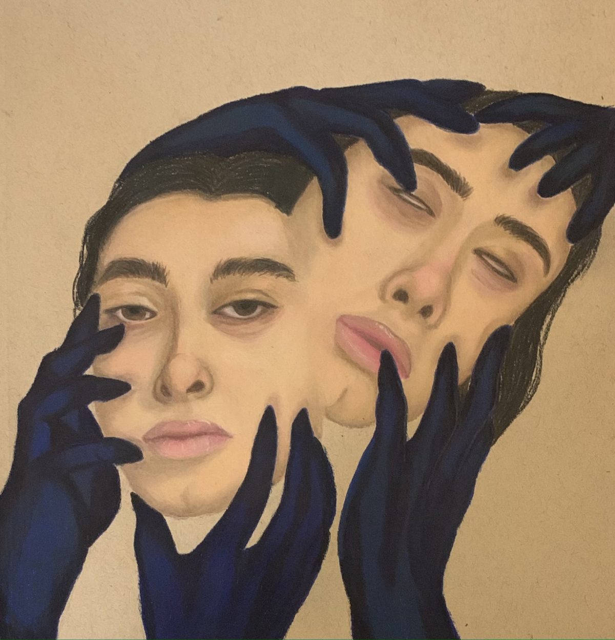 Drawing of 2 heads with black hands, separating