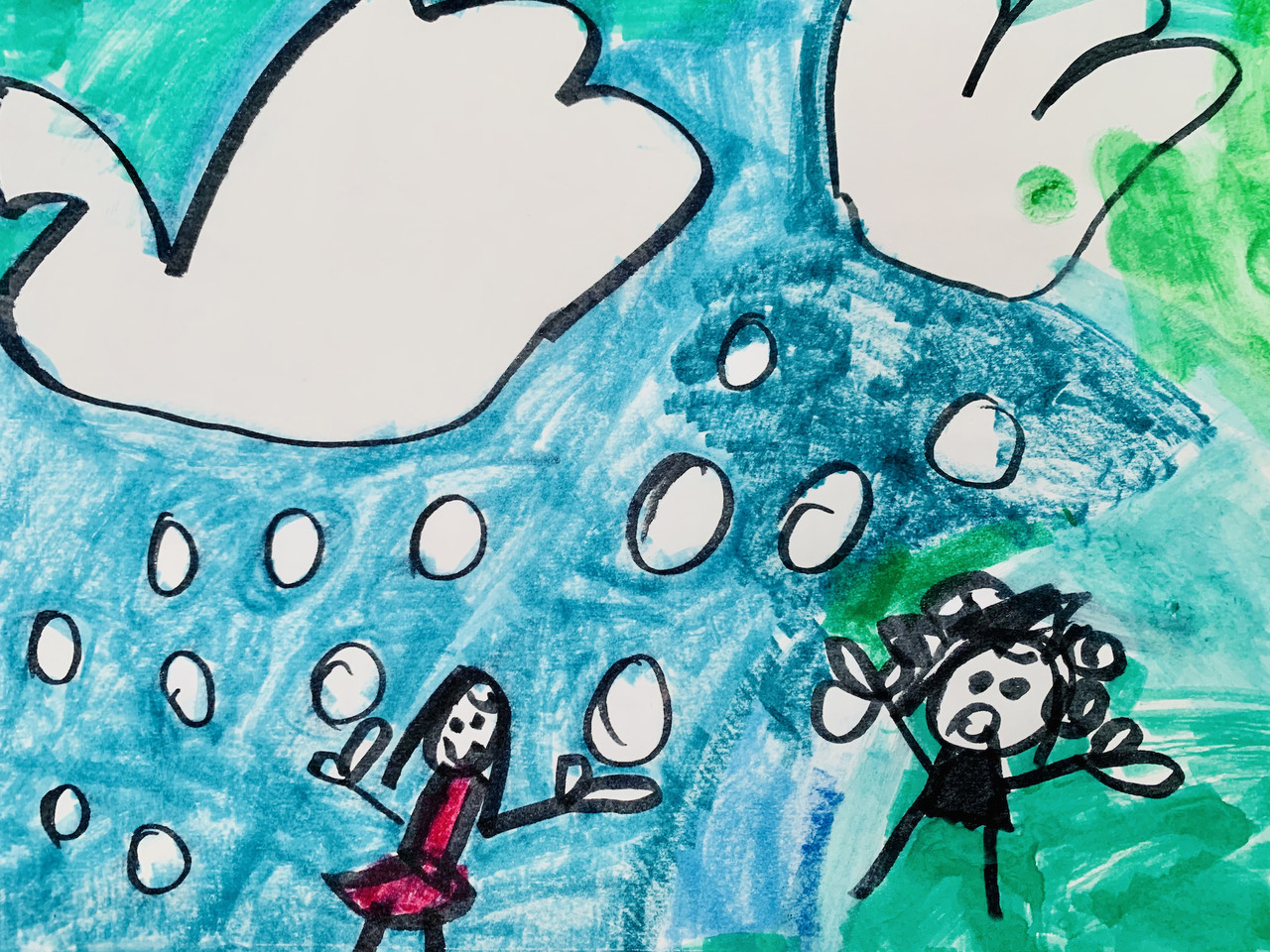 A drawing of two people under two big white clouds with snow falling