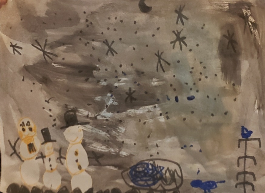 A painting of two snowmen at night