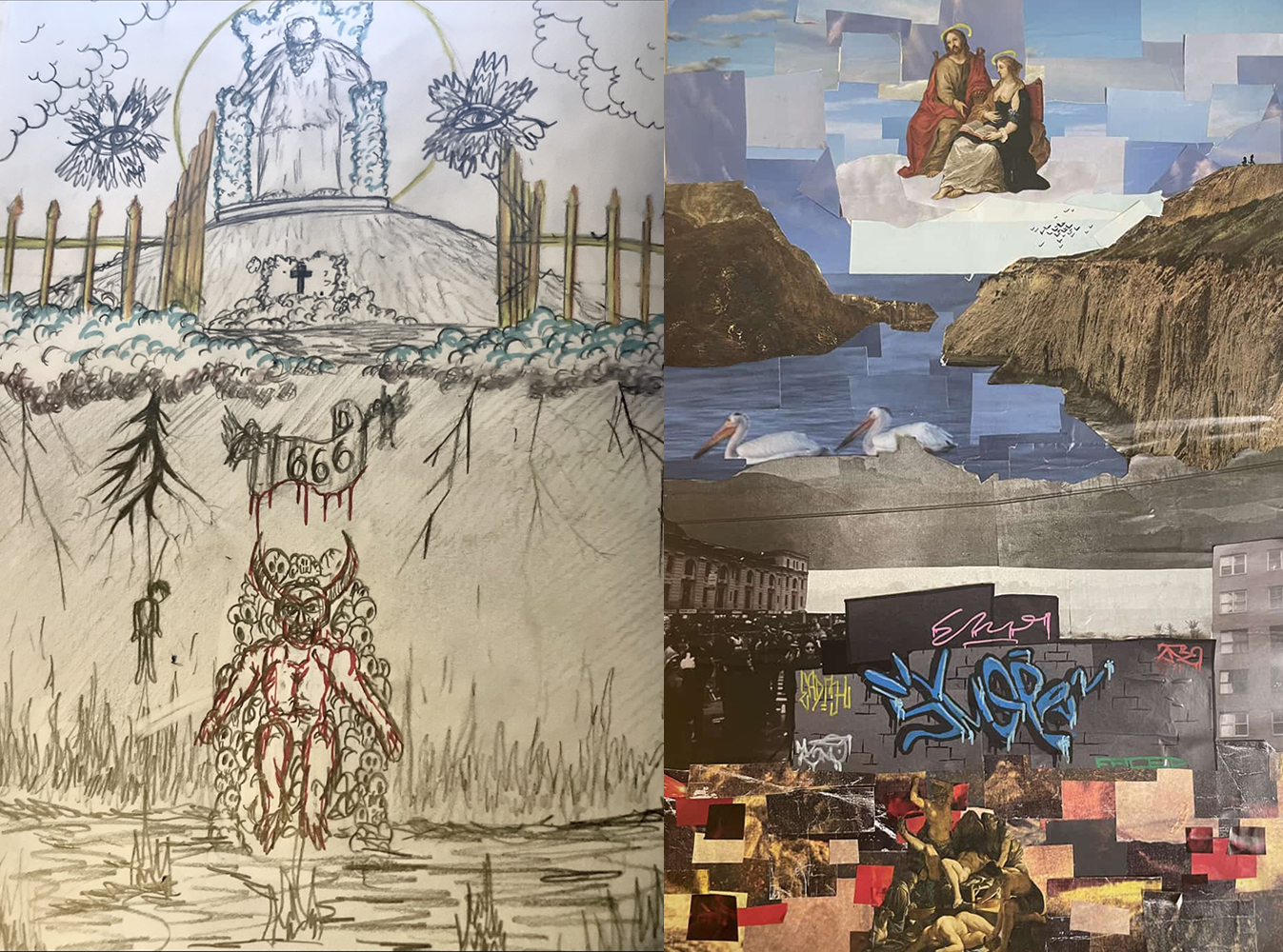 drawing of ascending demon on left, collage of religious iconography on right