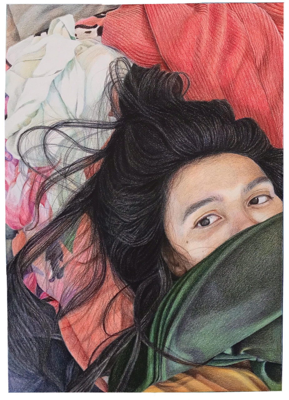 Detailed Colored Pencil Drawing of a young woman with her face hidden under a blanket.