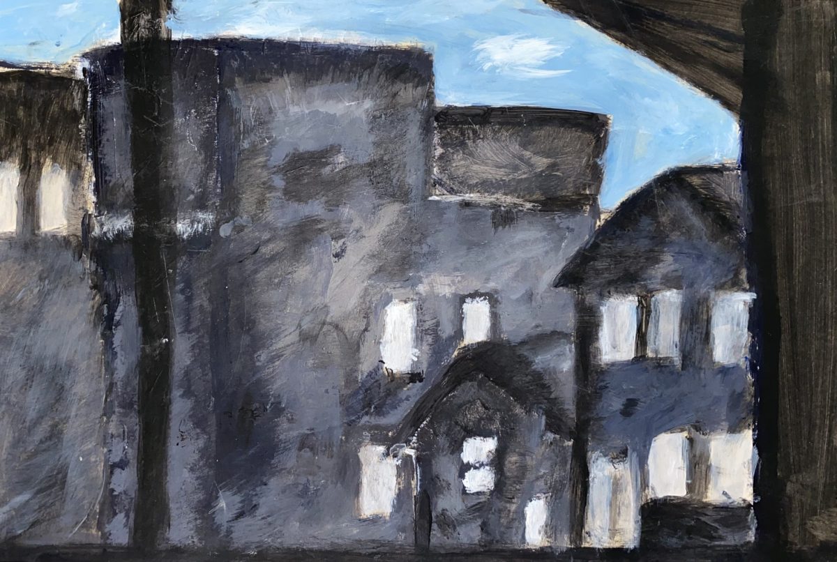 Painting of building exterior at dusk