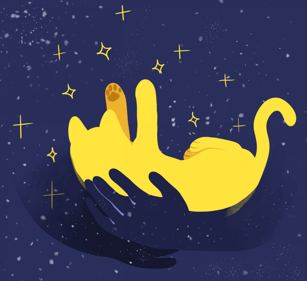 Digital painting of hands holding a golden object surrounded by stars