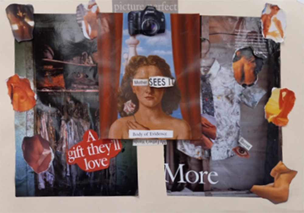 Collage of found images with ripped image of nudes on top