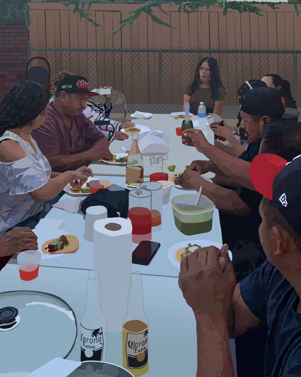 photoshopped softened photograph of a family seated at a long table sharing a meal