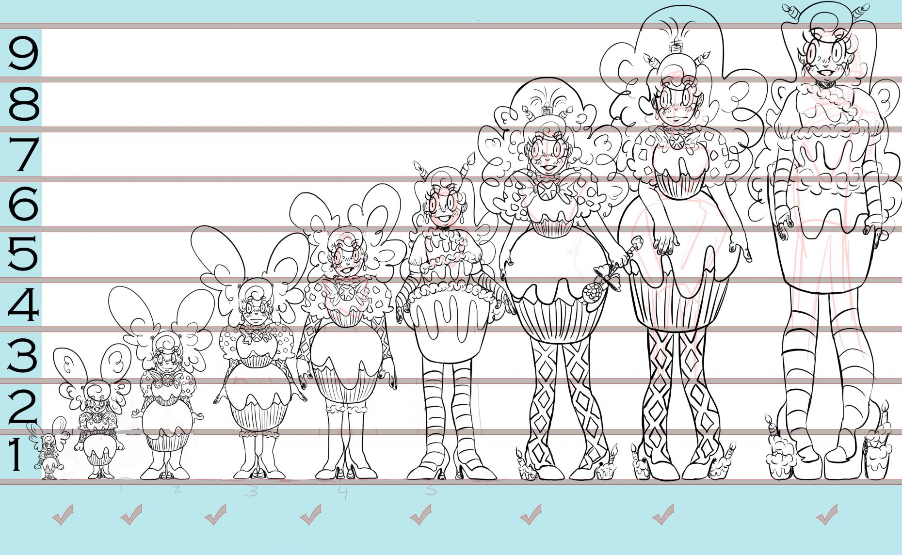 9 images of the same cartoon character in sequential stages of growth.