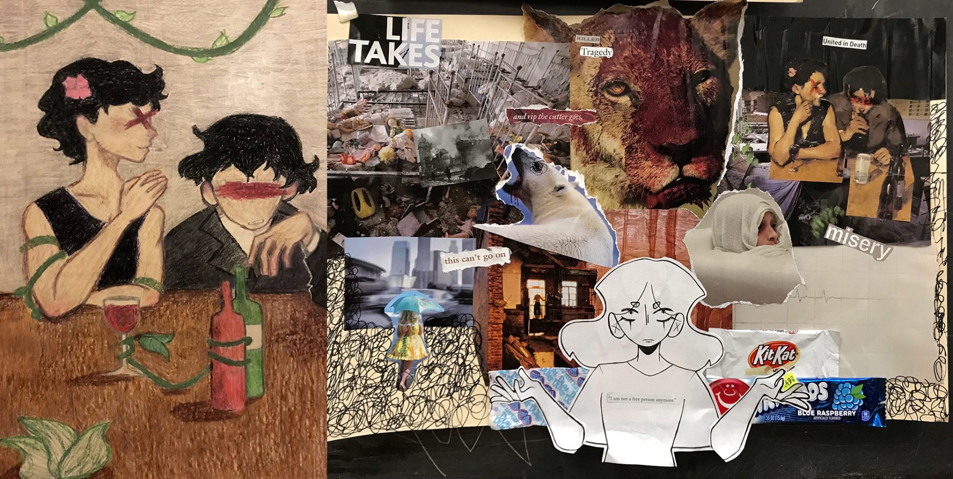 drawing of people drinking on the left, collage of found images on the right