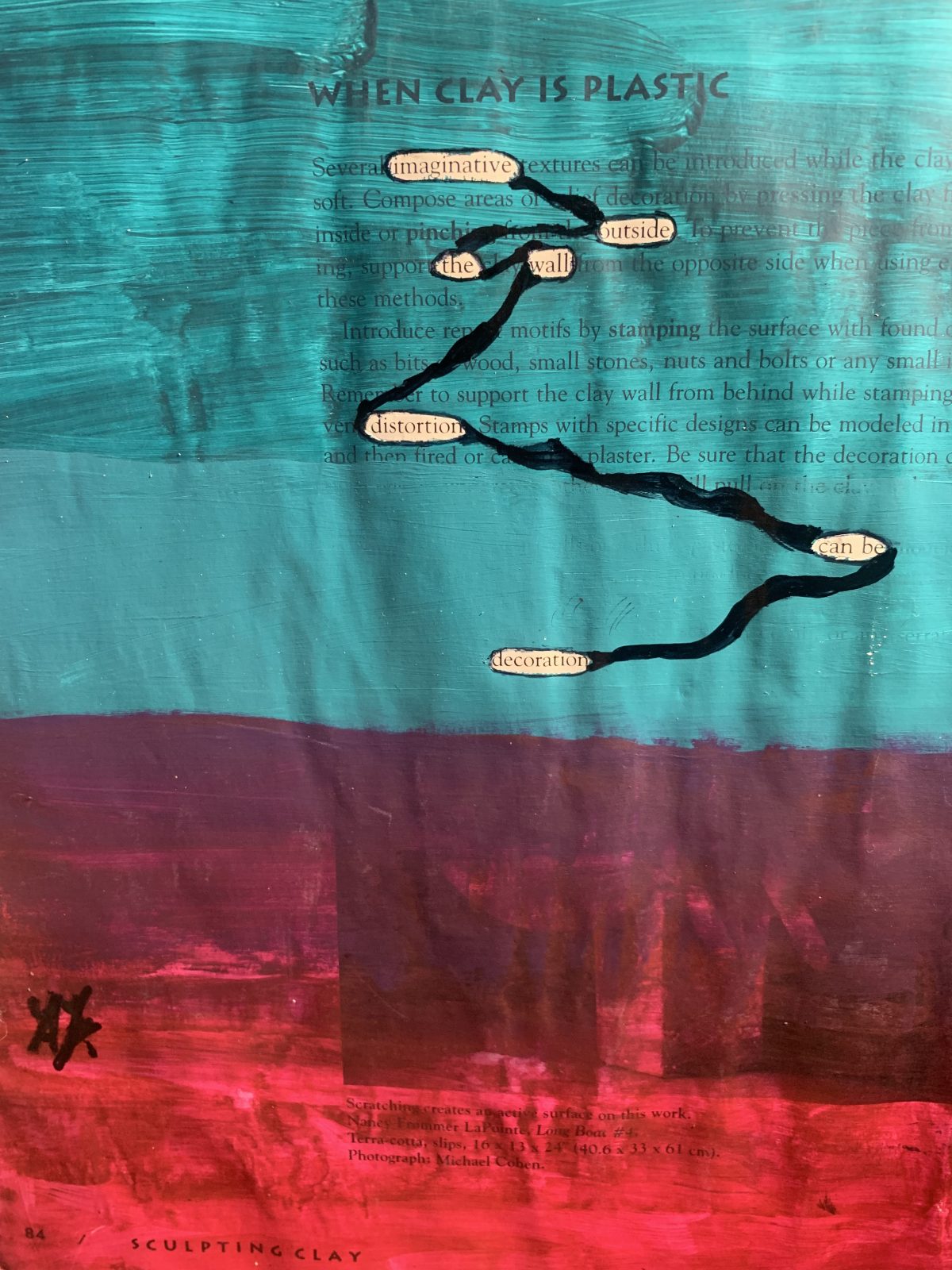 Red and green paint over a book page to reveal a poem