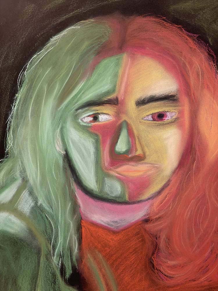 Person with long hair, the left side of the face in green tones, the right in red tones