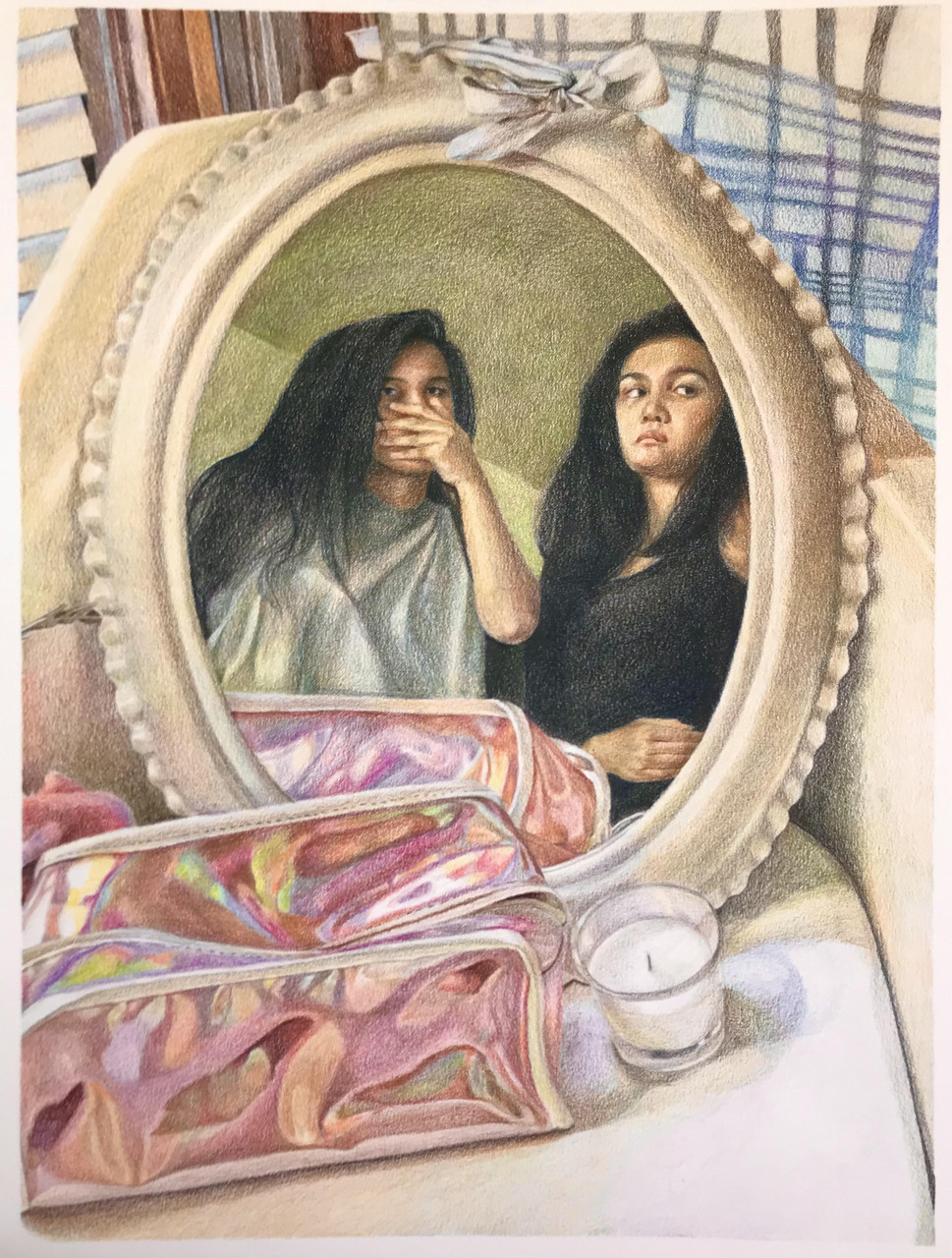 Colored pencil drawing of two young women looking into a mirror.