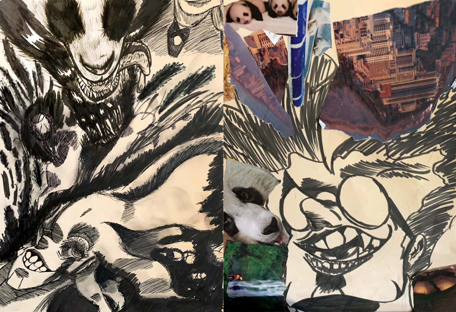drawings of stretched faces and pandas collaged