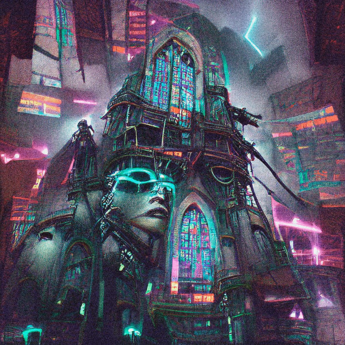 Digital painting of a humanoid figure in a dystopian landscape