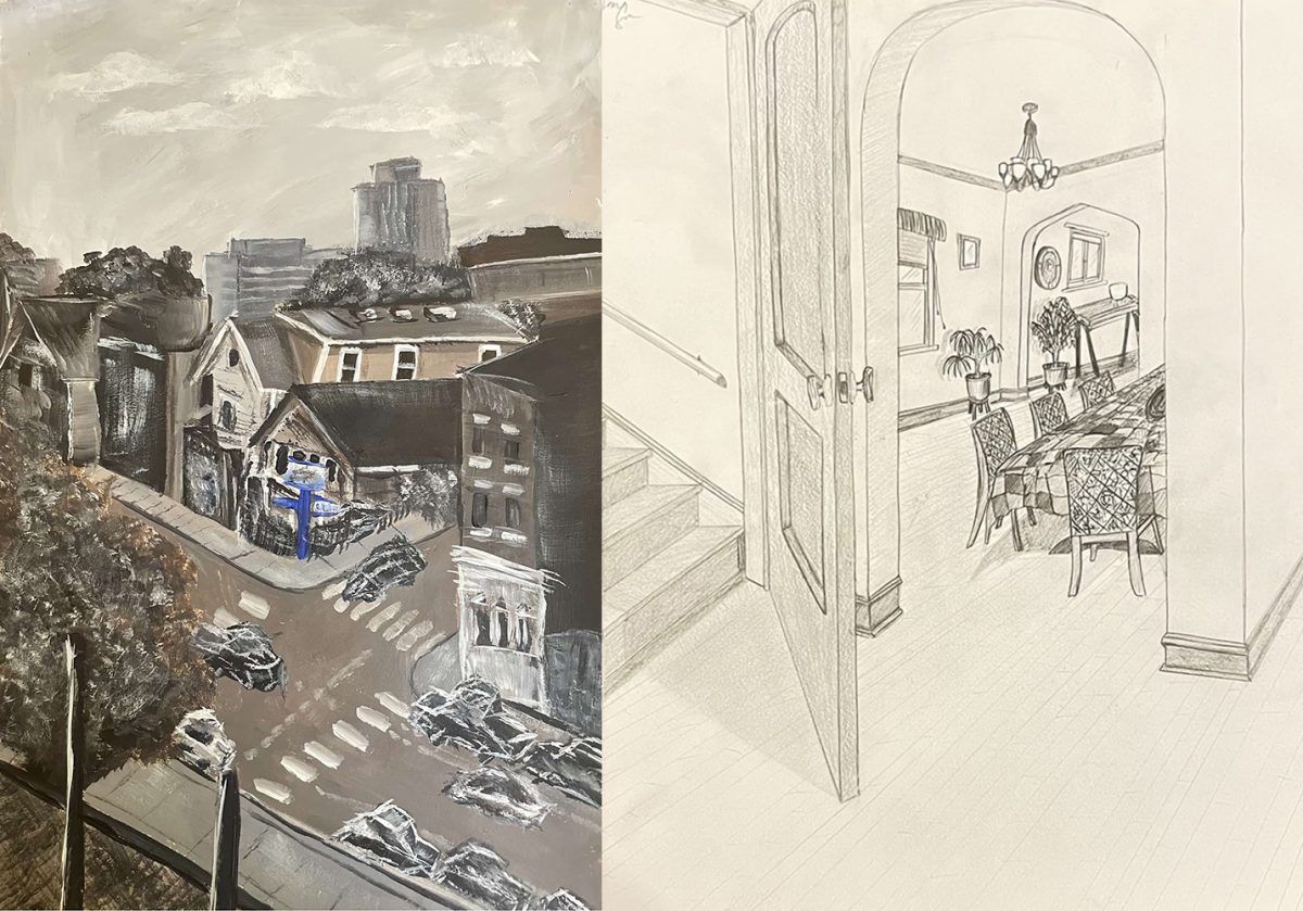 On the left, city block from above, on the right b/w pencil drawing of a dining room.