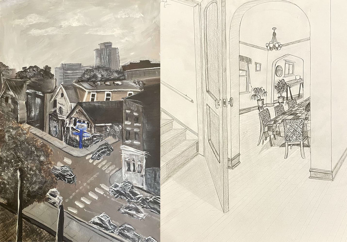 On the left, city block from above, on the right b/w pencil drawing of a dining room.