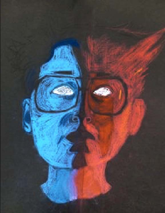 Person with 1/2 blue, 1/2 red face, wearing glasses with white eyes.